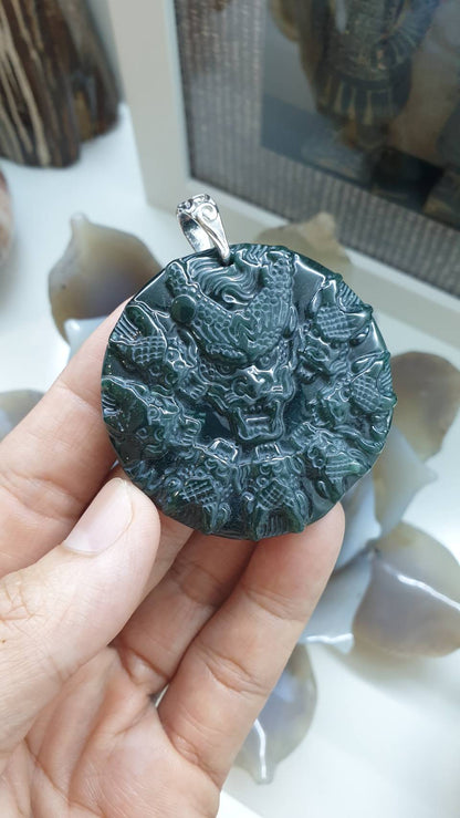 Nine Dragons Blue Jade Pendant | Sterling Silver | Authentic Natural Jadeite