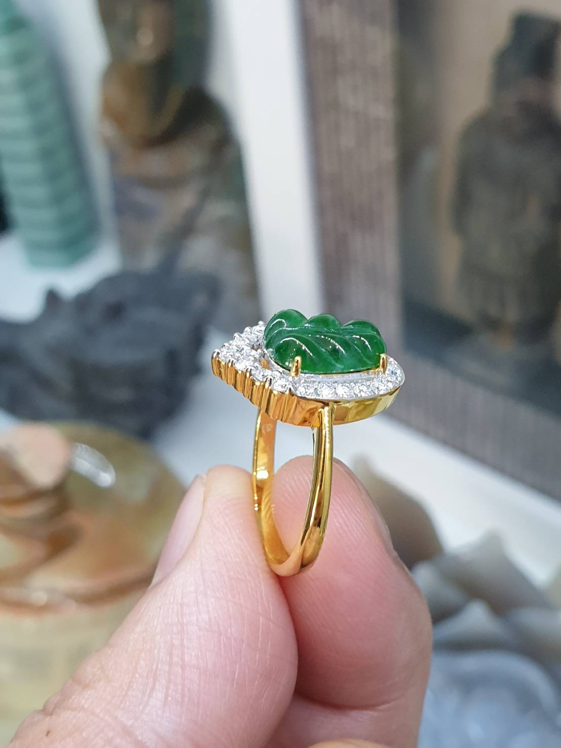 Imperial Jade Leaf and Moissanite Ring (S 7.5 US)| 9K Gold | Lucky Charm Ring for Her