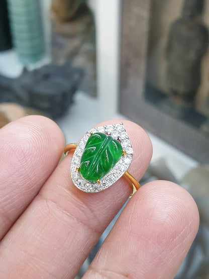 Imperial Jade Leaf and Moissanite Ring (S 7.5 US)| 9K Gold | Lucky Charm Ring for Her