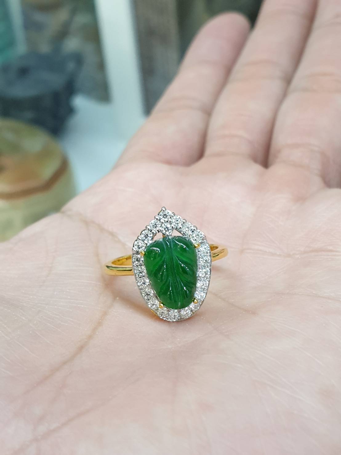 Imperial Jade Leaf and Moissanite Ring (S 7.5 US)| 9K Gold | Lucky Charm Ring for Her
