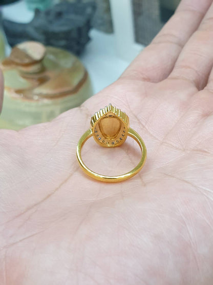 Imperial Jade Leaf and Moissanite Ring (S 7.5 US)| 9K Gold | Lucky Charm Ring for Her