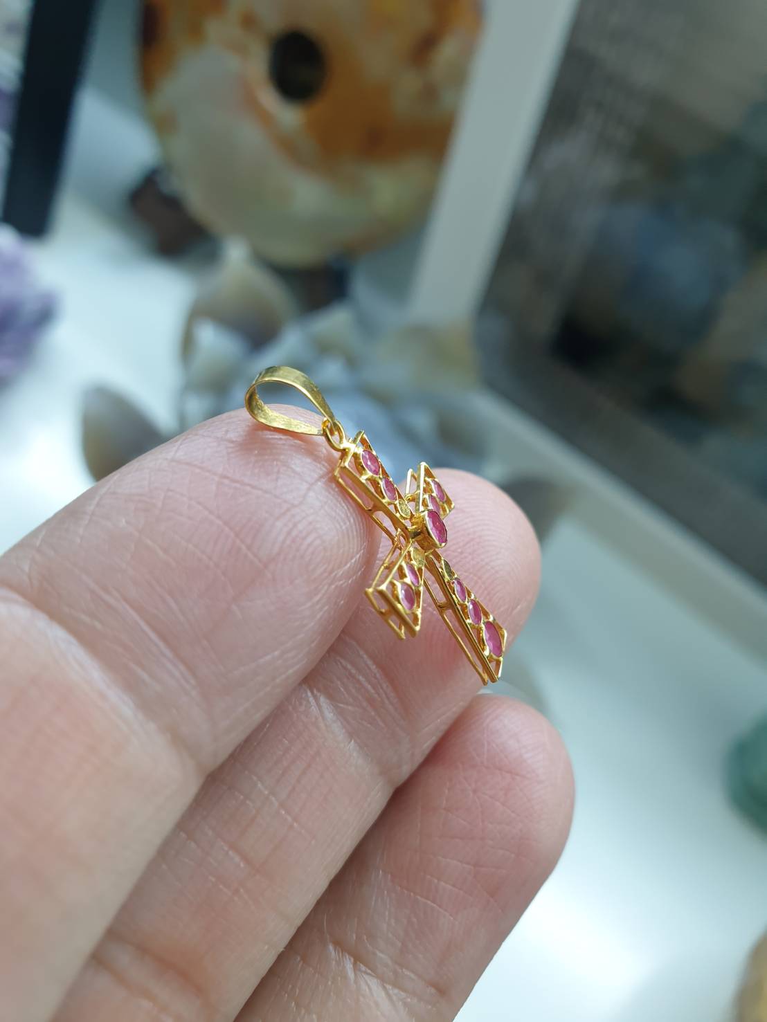 18K Gold Cross Pendant Studded with Red Rubies