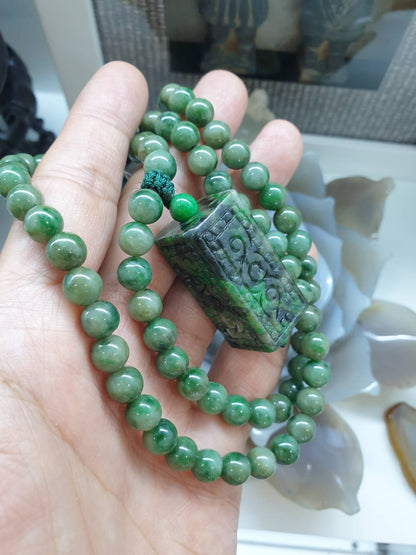 Jade Ruyi on Jade beaded Necklace (25") | Vintage Fei Cui Jadeite Beads | His or Hers Statement Necklace