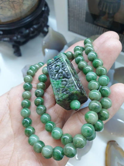 Jade Ruyi on Jade beaded Necklace (25") | Vintage Fei Cui Jadeite Beads | His or Hers Statement Necklace