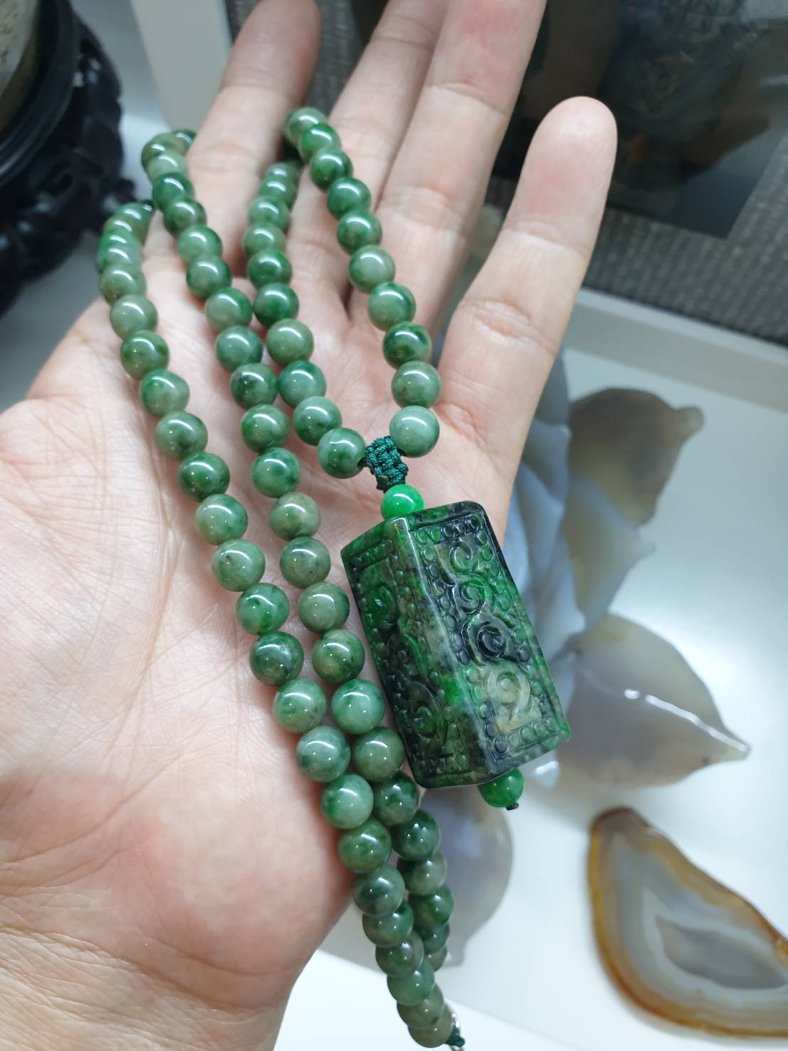 Jade Ruyi on Jade beaded Necklace (25") | Vintage Fei Cui Jadeite Beads | His or Hers Statement Necklace