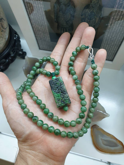 Jade Ruyi on Jade beaded Necklace (25") | Vintage Fei Cui Jadeite Beads | His or Hers Statement Necklace