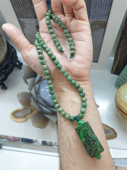 Jade Ruyi on Jade beaded Necklace (25") | Vintage Fei Cui Jadeite Beads | His or Hers Statement Necklace
