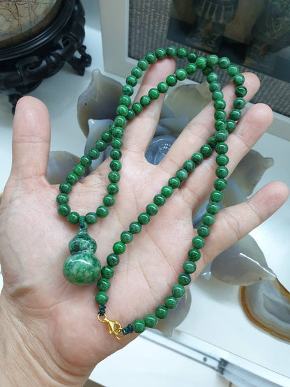 Jade Hulu Gourd on Maw Sit Sit Beaded Necklace | 9K Gold Lobster Lock | His or Hers Statement Jade Necklace
