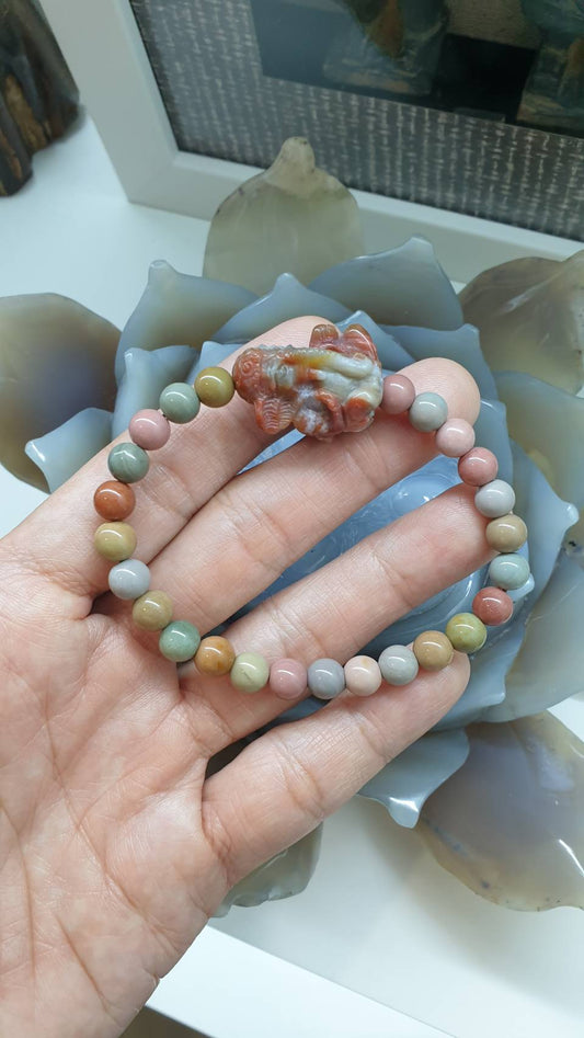 Alashan Jasper Ganesha Bracelet – Earthy Luck Charm | 7.5 mm Beads | 17 cm Adjustable | Spiritual Wrist Candy