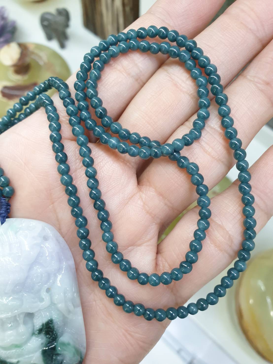 Lavender Jade Dragon on Blue Jade beaded Necklace (24") | Fei Cui Type A Jadeite