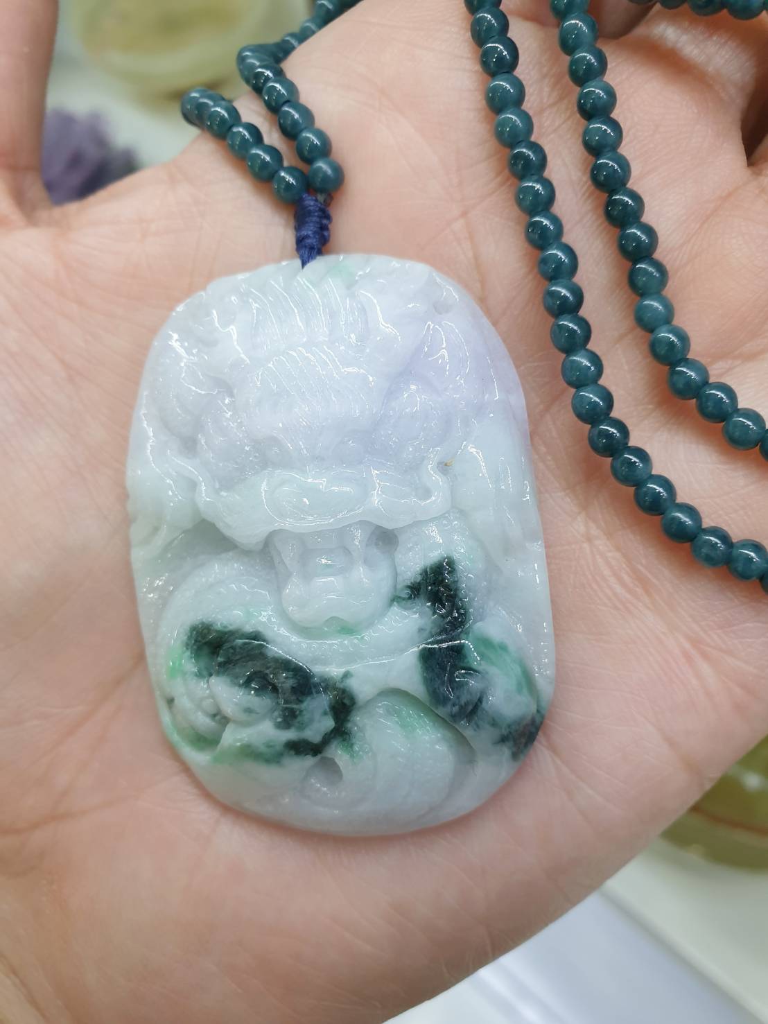 Lavender Jade Dragon on Blue Jade beaded Necklace (24") | Fei Cui Type A Jadeite