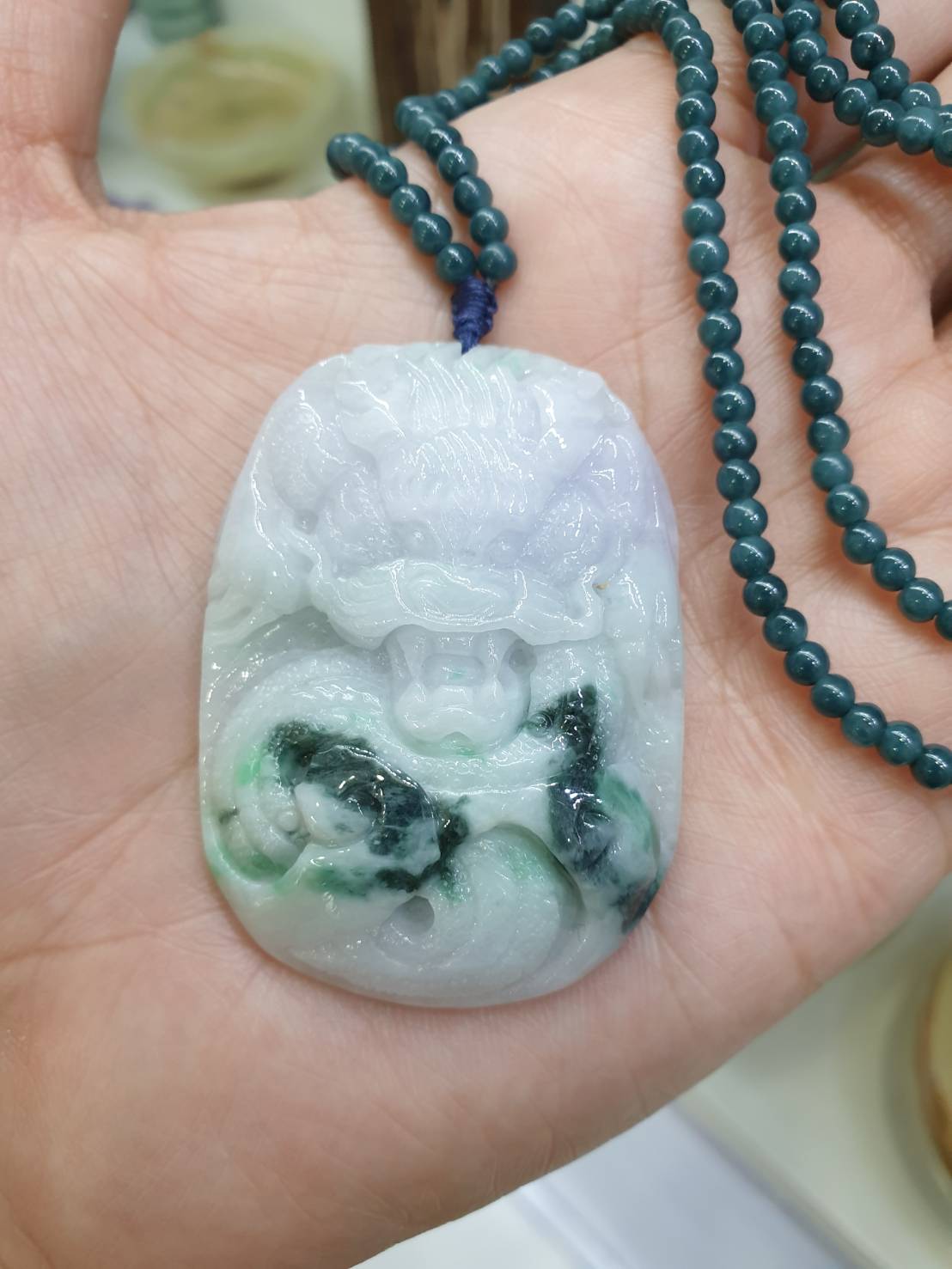 Lavender Jade Dragon on Blue Jade beaded Necklace (24") | Fei Cui Type A Jadeite