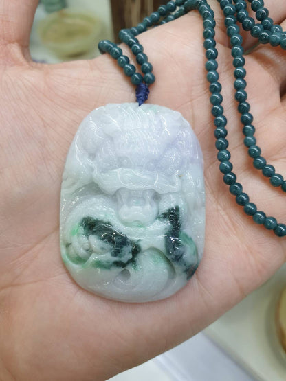 Lavender Jade Dragon on Blue Jade beaded Necklace (24") | Fei Cui Type A Jadeite