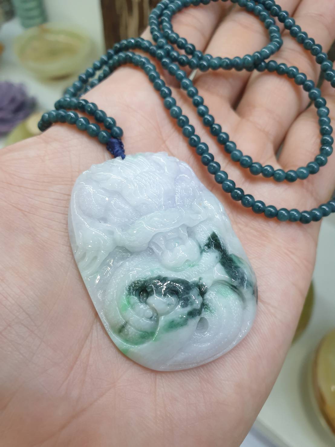 Lavender Jade Dragon on Blue Jade beaded Necklace (24") | Fei Cui Type A Jadeite