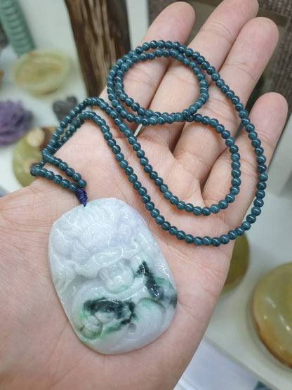 Lavender Jade Dragon on Blue Jade beaded Necklace (24") | Fei Cui Type A Jadeite
