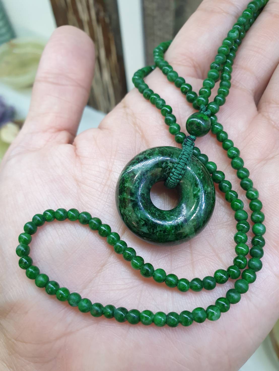 Jade Ping An Kou Pendant on Maw Sit Sit beaded Necklace (21") | Vintage Beads