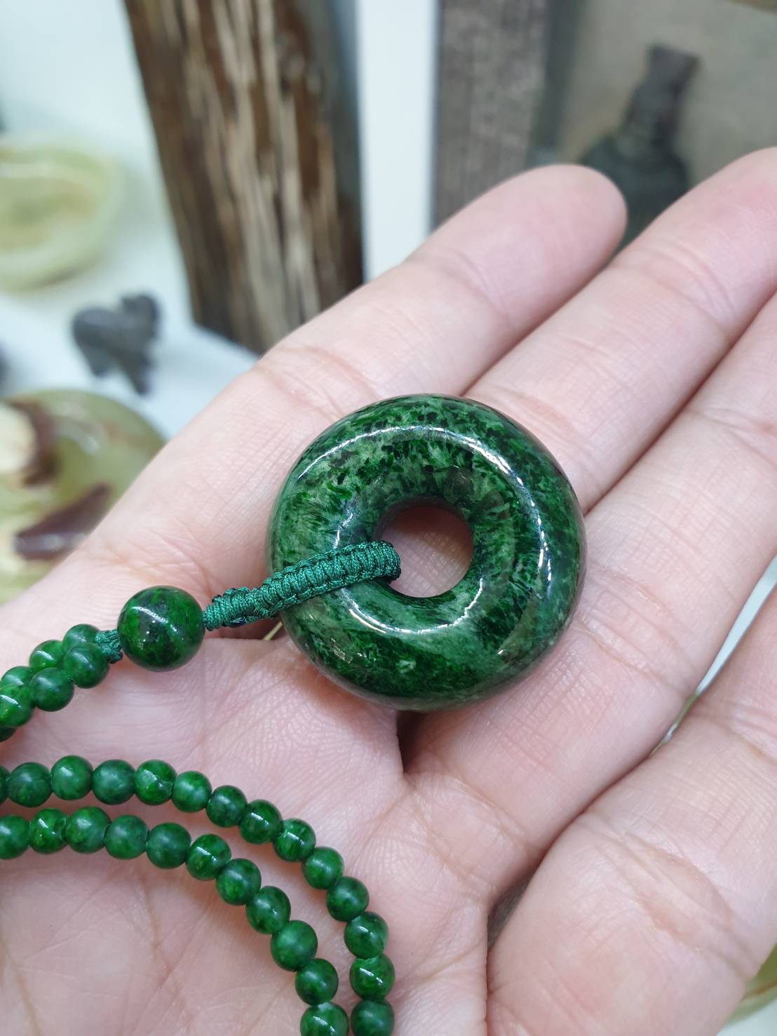 Jade Ping An Kou Pendant on Maw Sit Sit beaded Necklace (21") | Vintage Beads