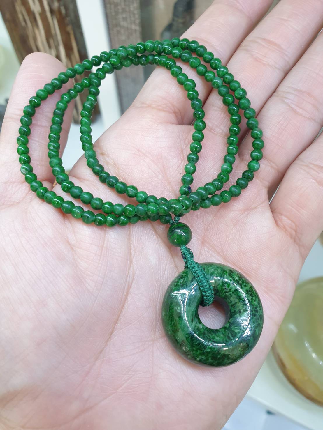 Jade Ping An Kou Pendant on Maw Sit Sit beaded Necklace (21") | Vintage Beads