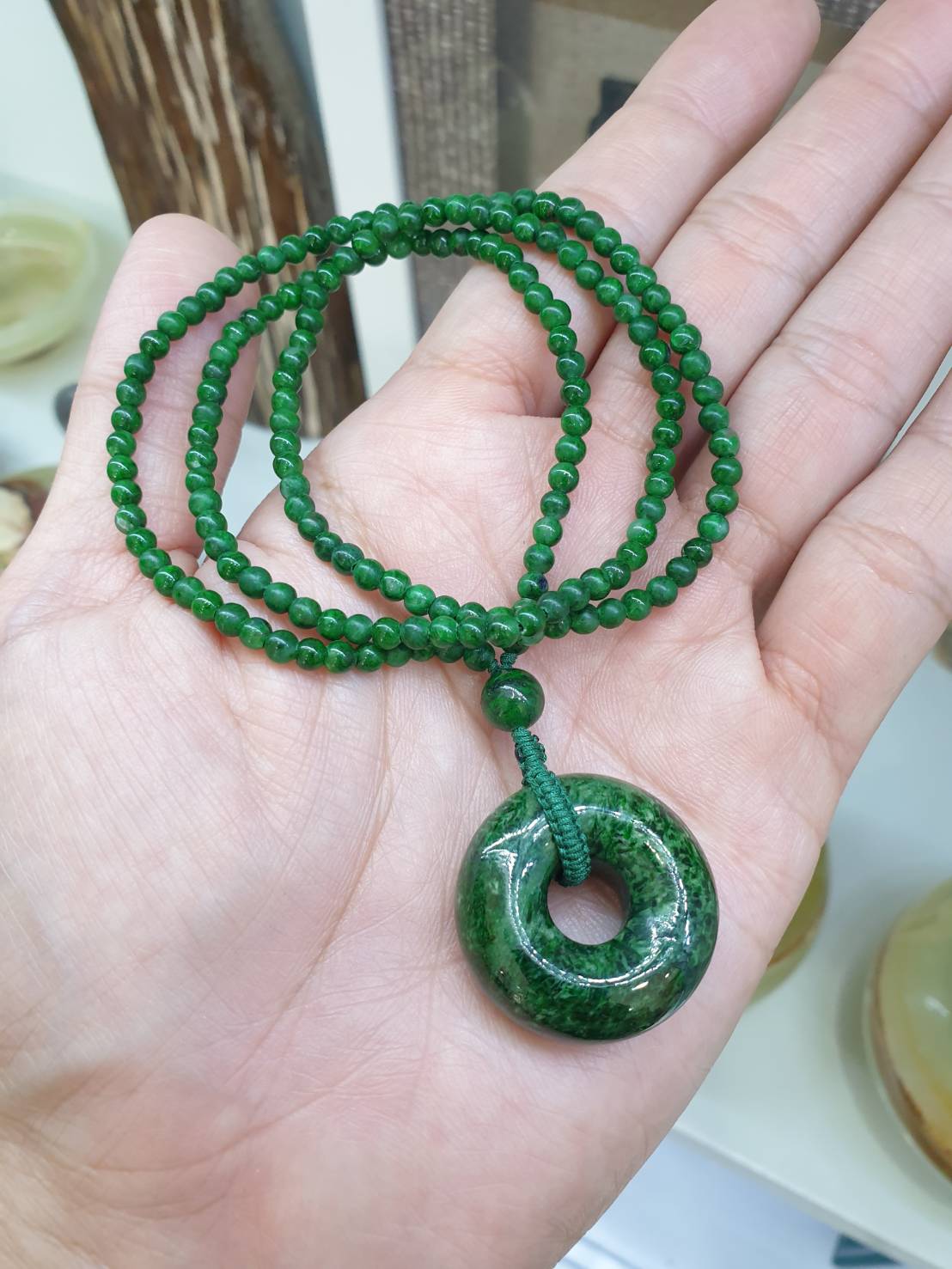Jade Ping An Kou Pendant on Maw Sit Sit beaded Necklace (21") | Vintage Beads
