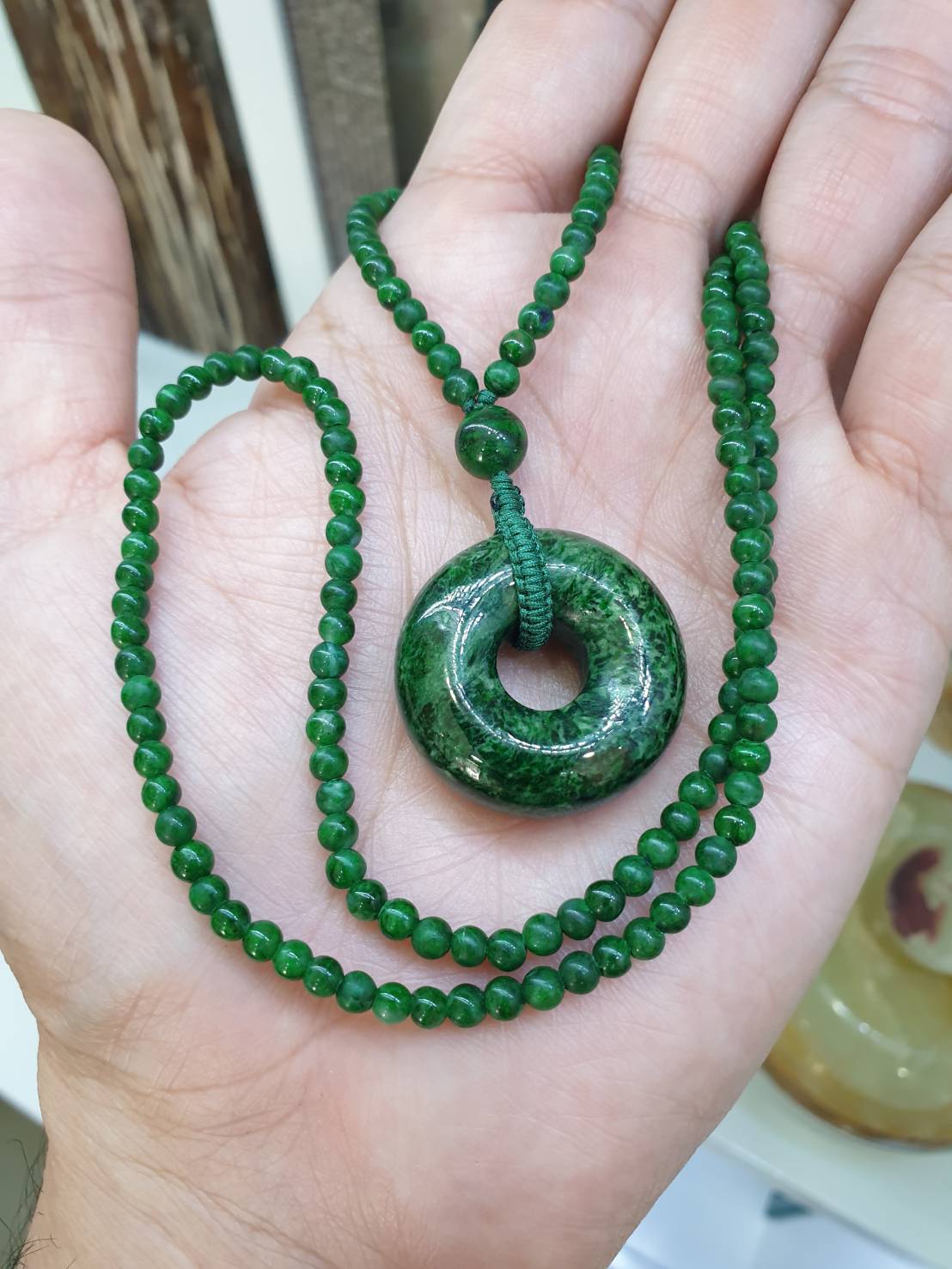 Jade Ping An Kou Pendant on Maw Sit Sit beaded Necklace (21") | Vintage Beads