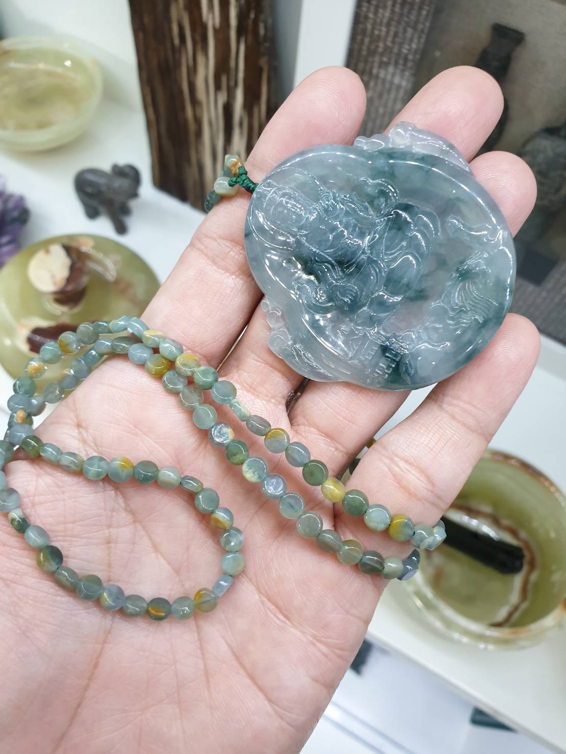 Guan Yin on Jade Beaded Necklace (24") | Fei Cui Type A Jadeite