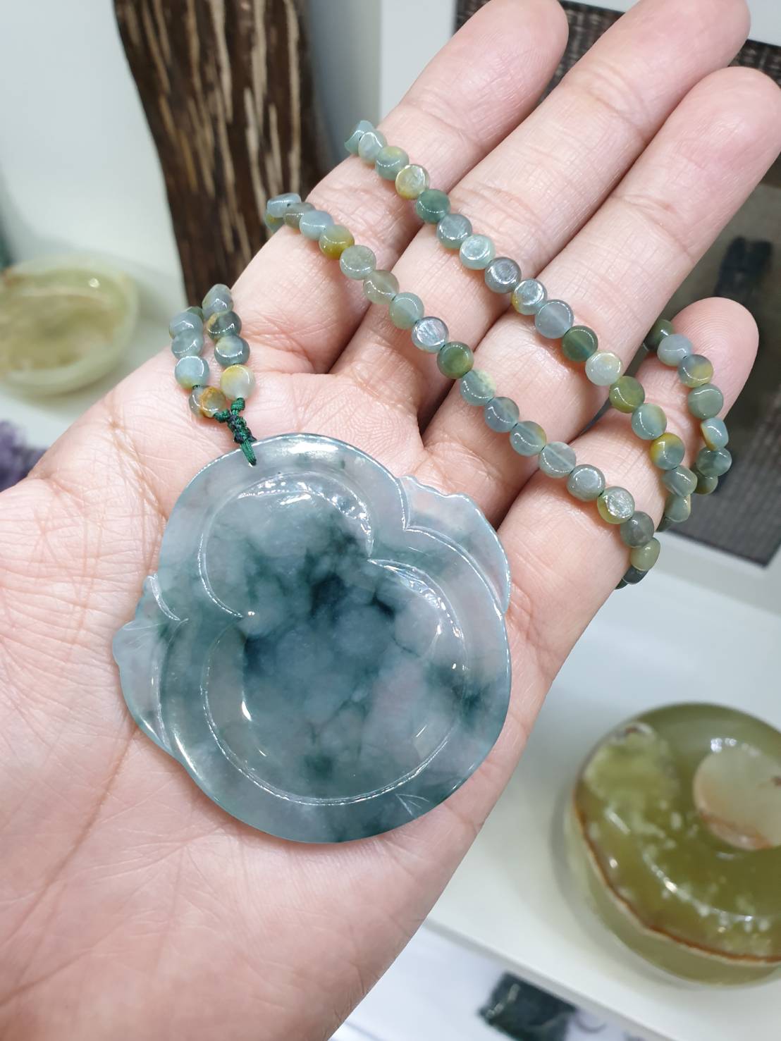 Guan Yin on Jade Beaded Necklace (24") | Fei Cui Type A Jadeite