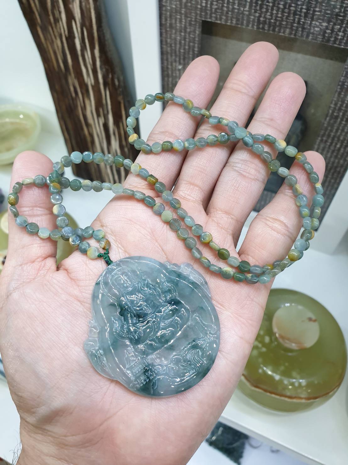 Guan Yin on Jade Beaded Necklace (24") | Fei Cui Type A Jadeite