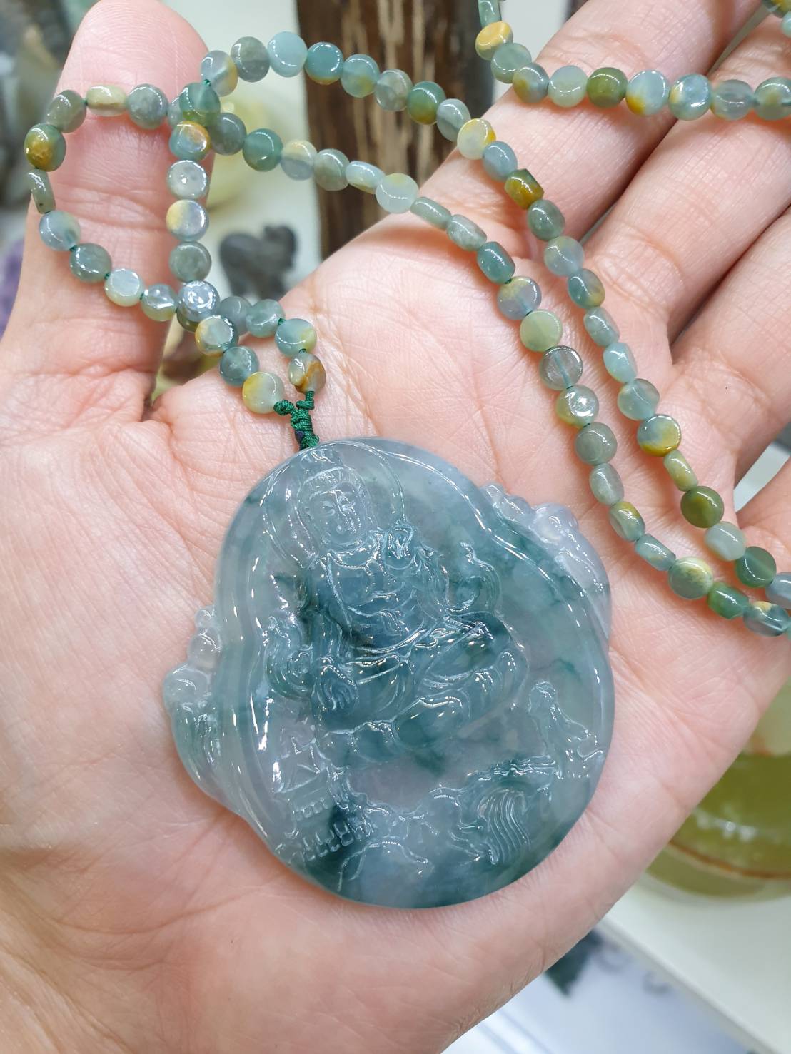 Guan Yin on Jade Beaded Necklace (24") | Fei Cui Type A Jadeite