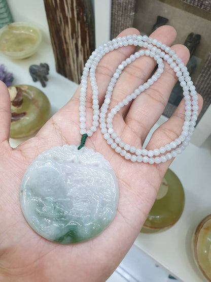 Village Scene on Icy White Jade Beaded Necklace (24") | Fei Cui Type A Jadeite
