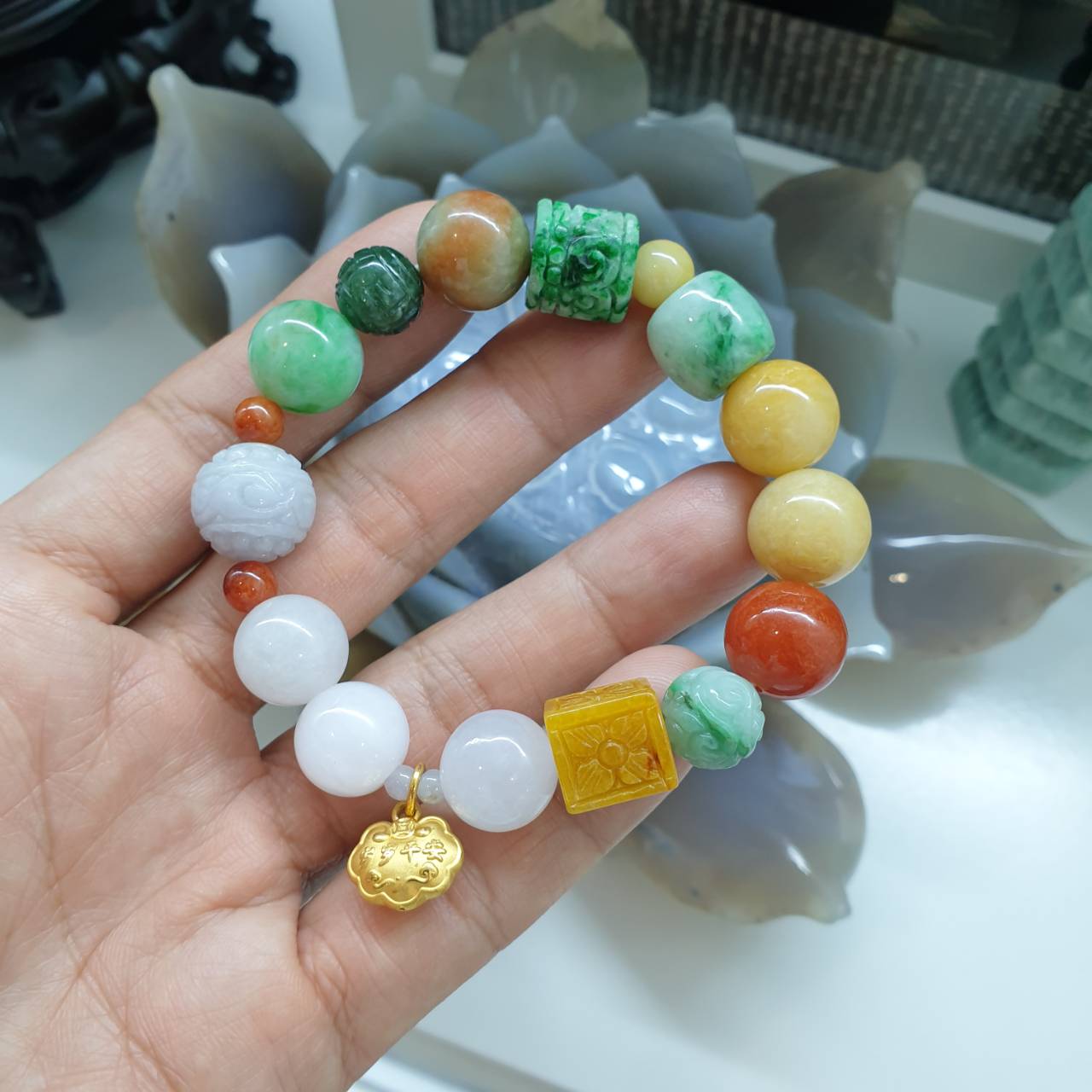 24K Gold Ru Yi Charm Jade Bracelet - Signature Style | Pure Gold Ru Yi Pendant Charm | Mix Orginal Jadeite Beads
