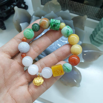 24K Gold Ru Yi Charm Jade Bracelet - Signature Style | Pure Gold Ru Yi Pendant Charm | Mix Orginal Jadeite Beads