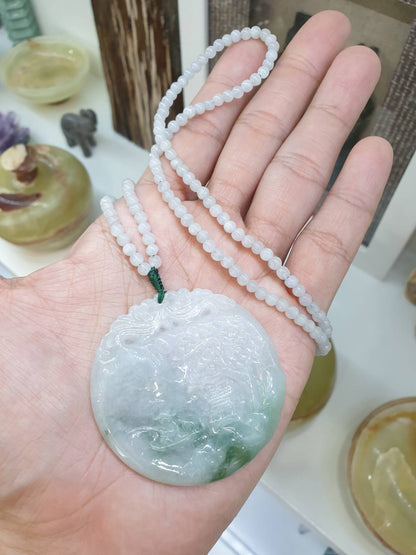 Village Scene on Icy White Jade Beaded Necklace (24") | Fei Cui Type A Jadeite