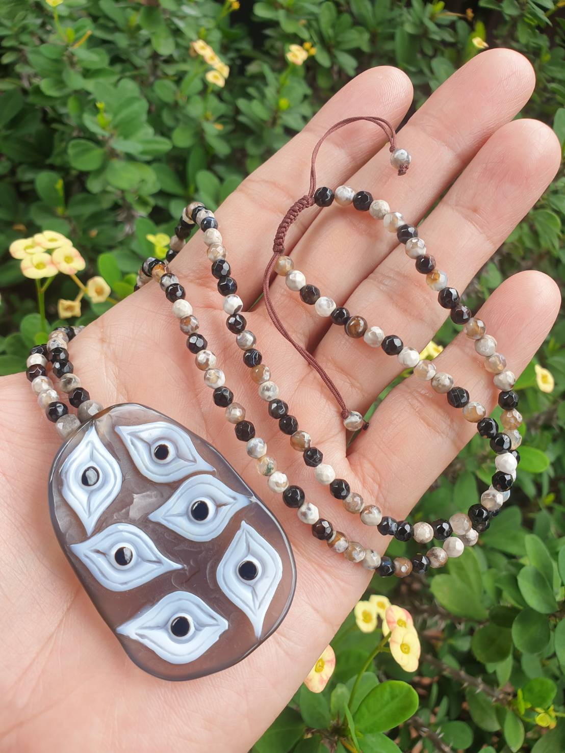 Onyx Evil Eye Necklace (23") | Natural Banded Onyx | His or Hers Statement Necklace