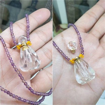 Clear Quartz Perfume Bottle in Amethyst Beaded Necklace (24") | Cute Snuff Bottle Necklace