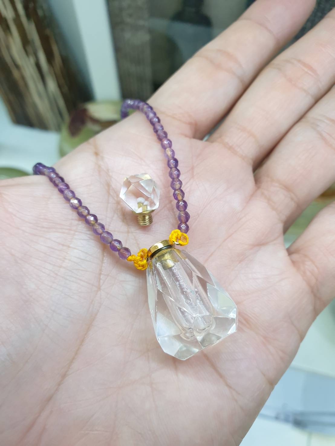 Clear Quartz Perfume Bottle in Amethyst Beaded Necklace (24") | Cute Snuff Bottle Necklace