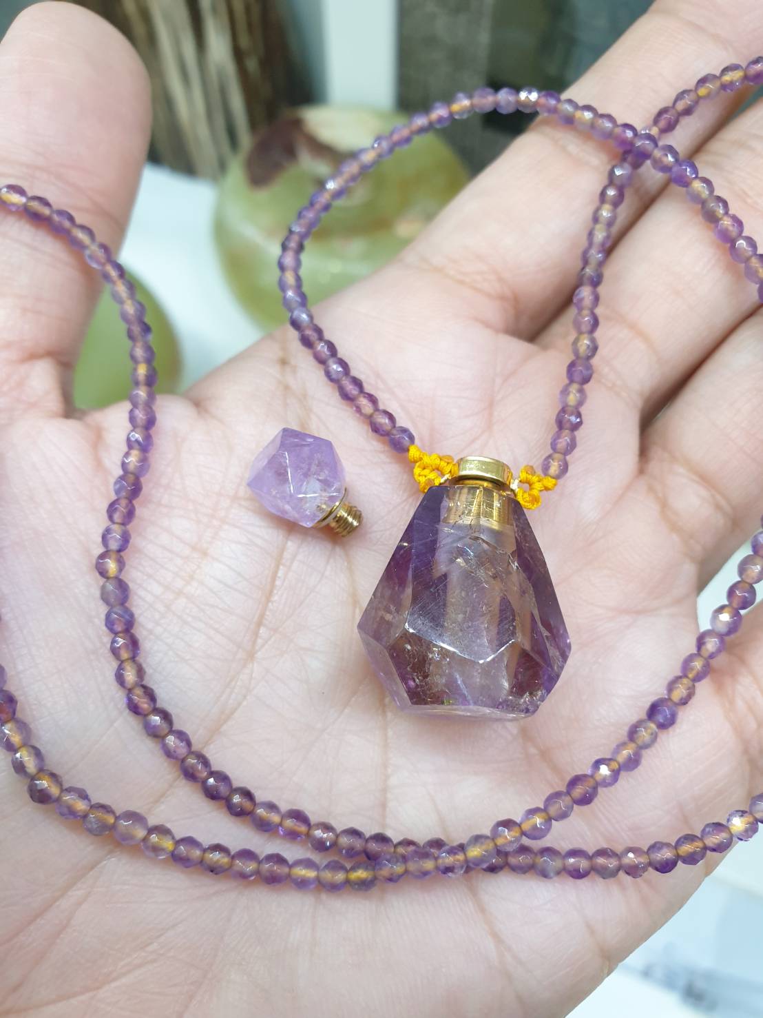 Amethyst Perfume Bottle in Beaded Necklace (24") | Cute Snuff Bottle Necklace