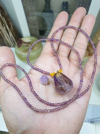 Amethyst Perfume Bottle in Beaded Necklace (24") | Cute Snuff Bottle Necklace
