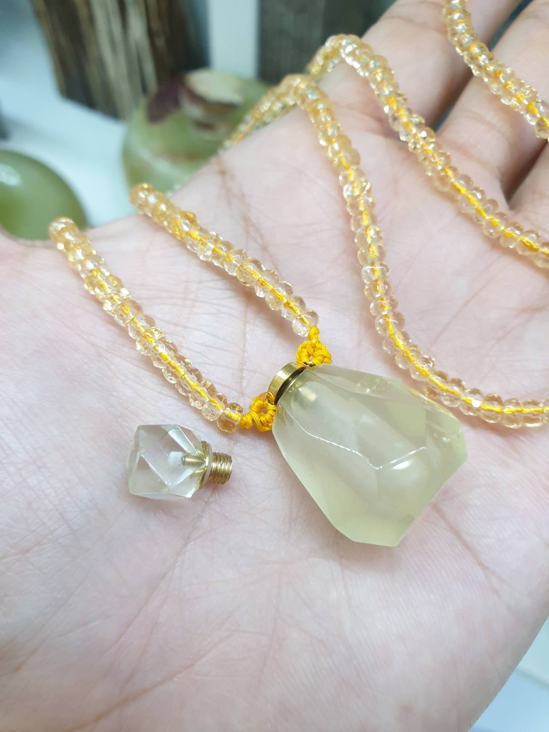 Yellow Quartz Perfume Bottle in Beaded Necklace (24") | Cute Snuff Bottle Necklace