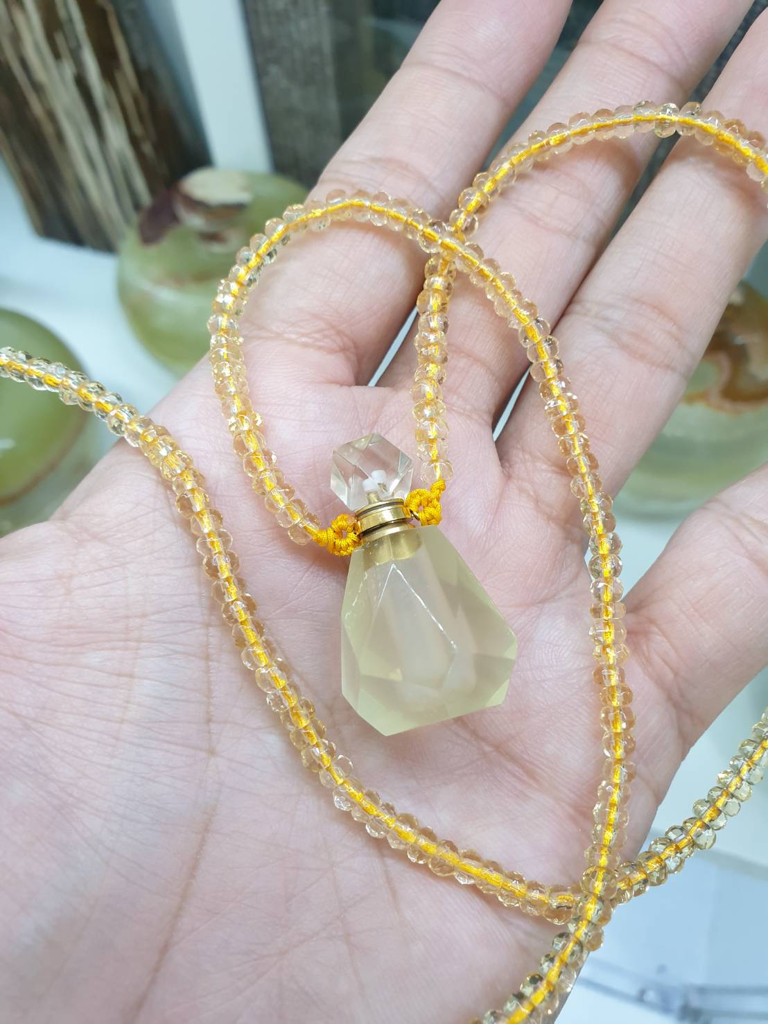 Yellow Quartz Perfume Bottle in Beaded Necklace (24") | Cute Snuff Bottle Necklace