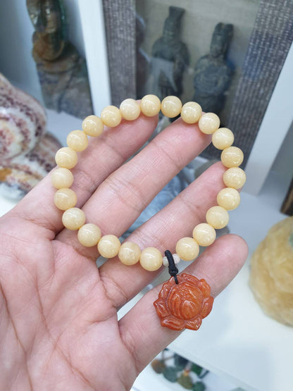Yellow Jade Charmbracelet (17 cm), Lotus Flower Charm | Type A Natural Jadeite | Gift Idea For Her