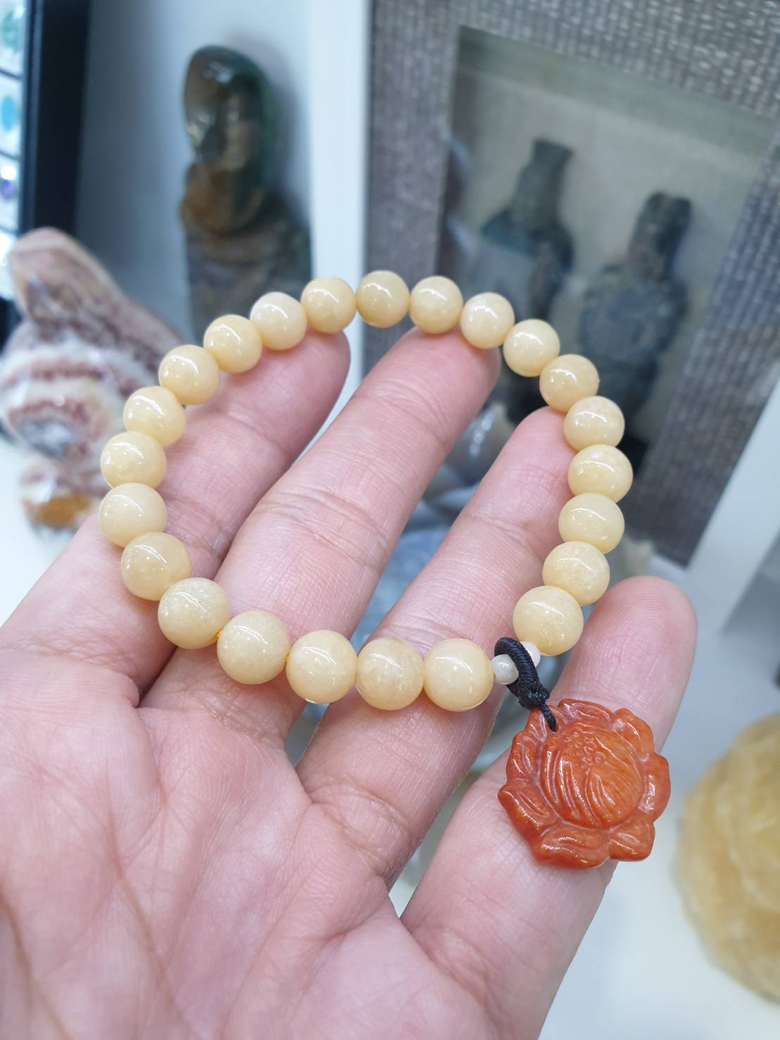 Yellow Jade Charmbracelet (17 cm), Lotus Flower Charm | Type A Natural Jadeite | Gift Idea For Her