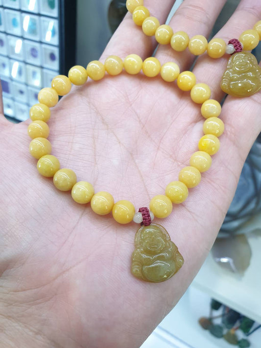 Yellow Jade Beaded Bracelet: Happy Buddha Charm, Natural Jadeite (17 cm)
