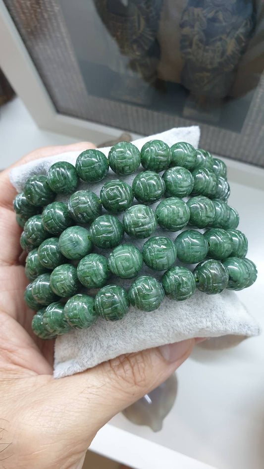 Green Jade Ru Yi Beads Bracelets (17 cm) | Fei Cui - Type A Natural Jadeite | Vintage Luckycharm Wristcandy