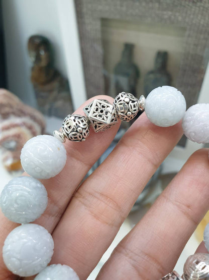 Jade Ruyi Beads Bracelet (16 cm)| Original Sterling Silver Charms | Fei Cui - Type A Jadeite