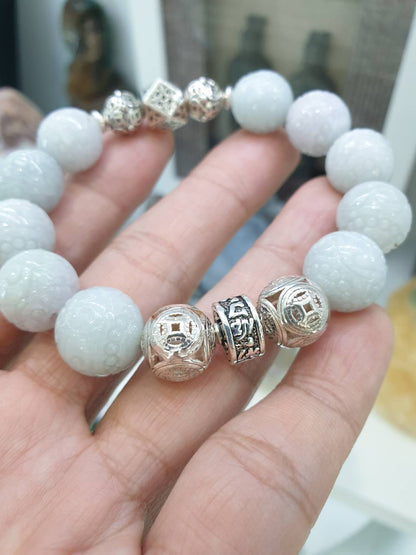 Jade Ruyi Beads Bracelet (16 cm)| Original Sterling Silver Charms | Fei Cui - Type A Jadeite