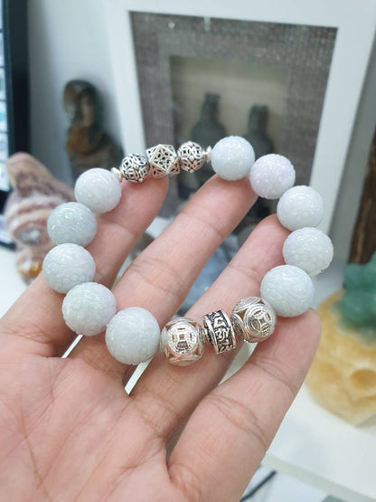 Jade Ruyi Beads Bracelet (16 cm)| Original Sterling Silver Charms | Fei Cui - Type A Jadeite