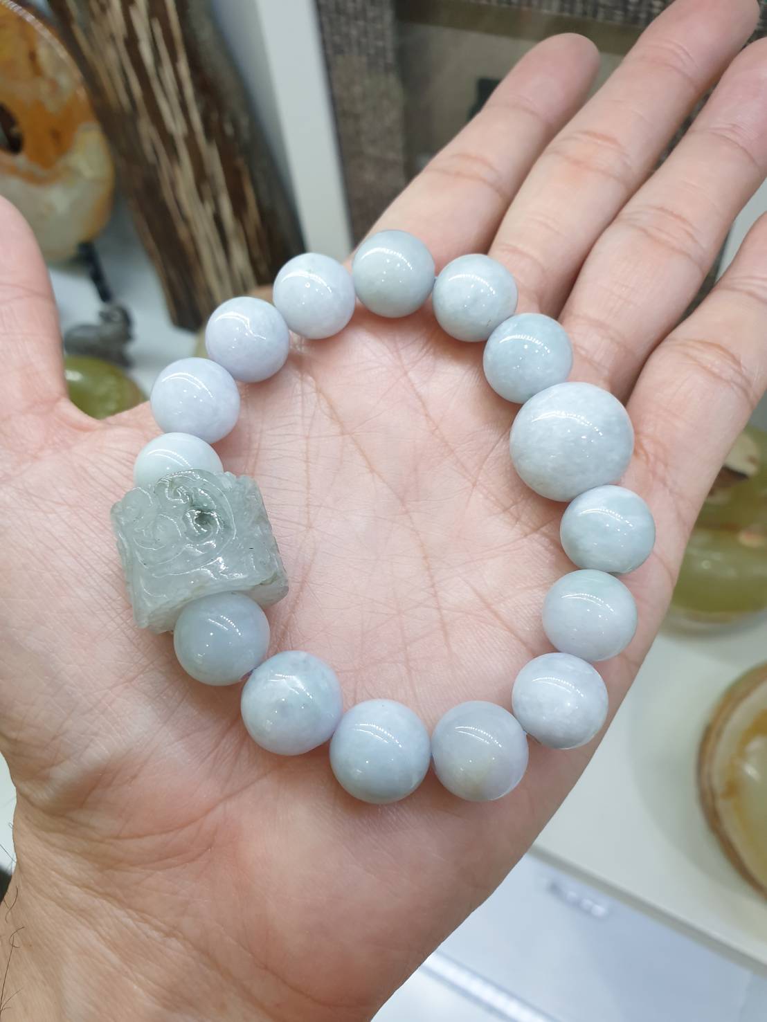 Ash Lavender Jade Beads Bracelet with Ru Yi Charm (17 cm) | Type A Natural Jadeite