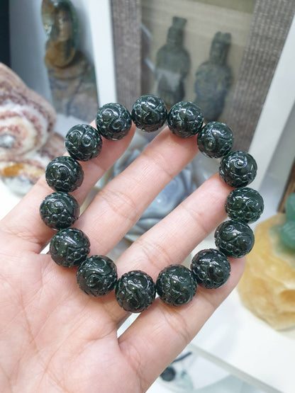 Rare Green-Black Jade Ruyi Beaded Bracelet (Size 17 cm)