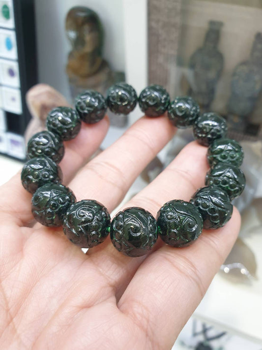 Rare Green-Black Jade Ruyi Beaded Bracelet (Size 17 cm)