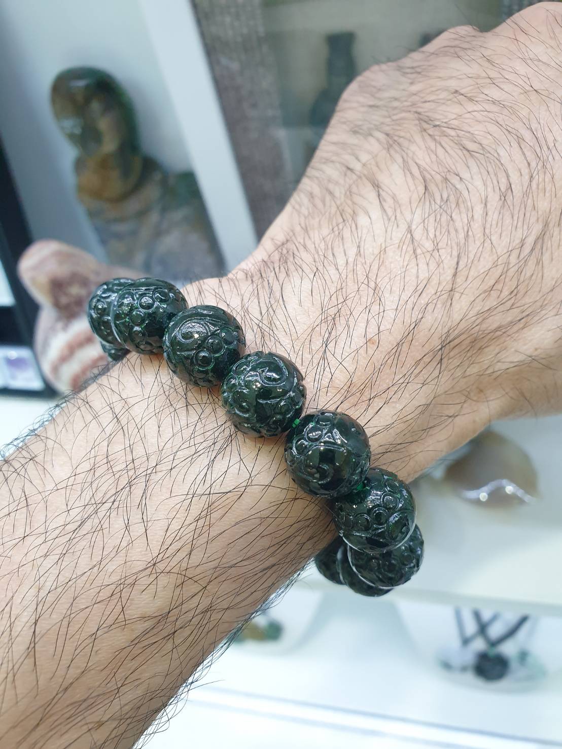 Rare Green-Black Jade Ruyi Beaded Bracelet (Size 17 cm)